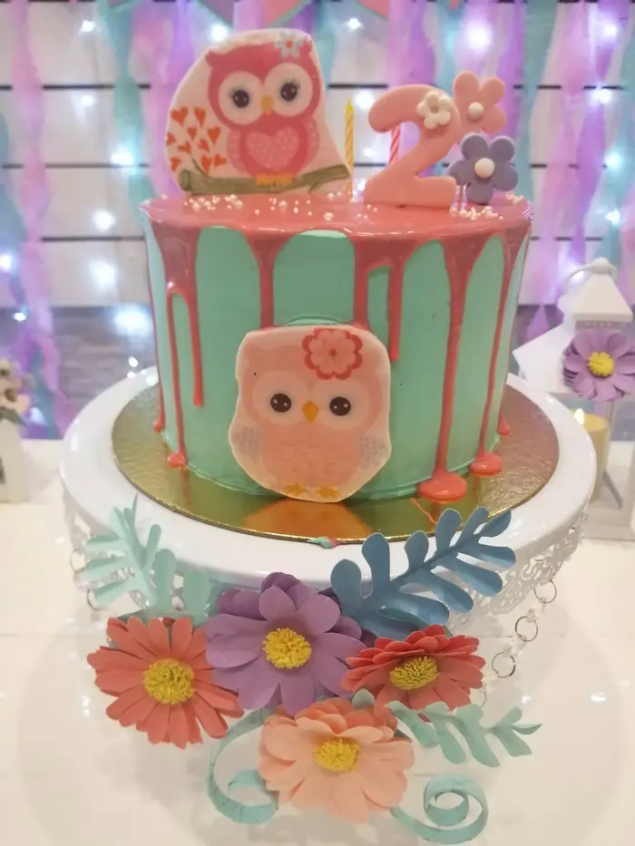 Torta turquesa y rosa decorada con búhos y flores de azúcar